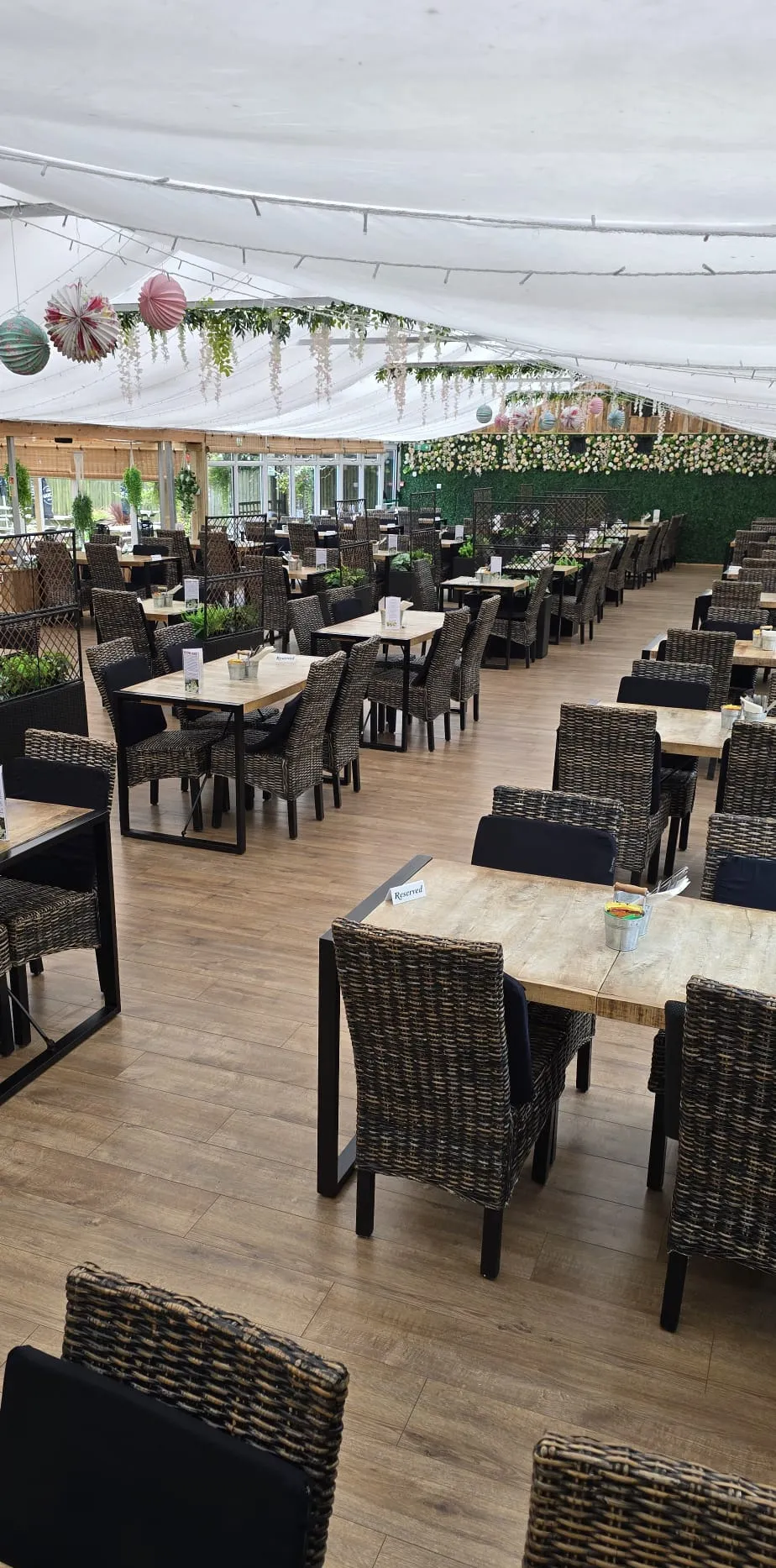 The conservatory laid for dining, with rattan chairs and a foliage wall