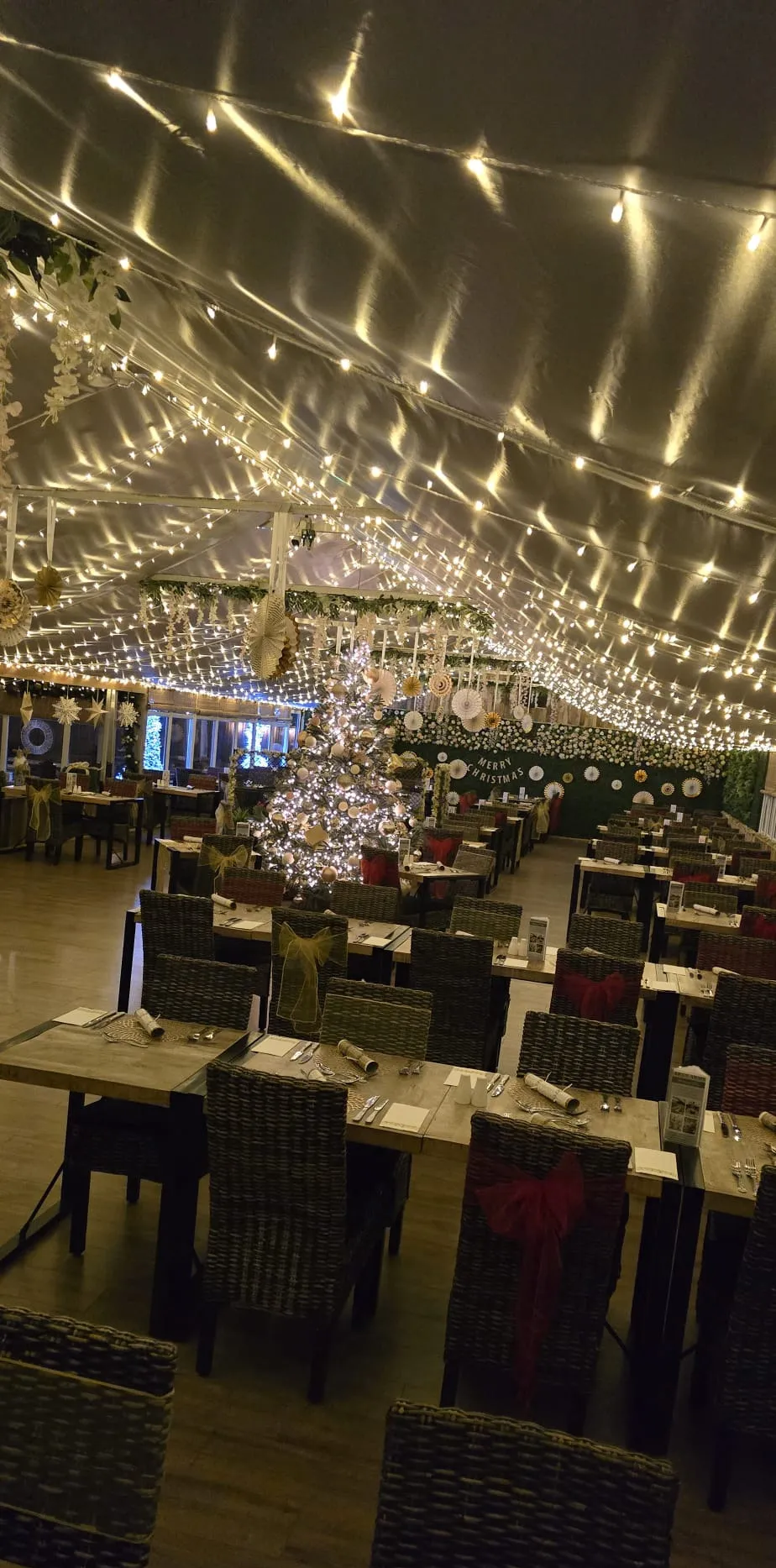 The conservatory at Christmas by night, under a canopy of fairy lights with the lit tree and tables dressed