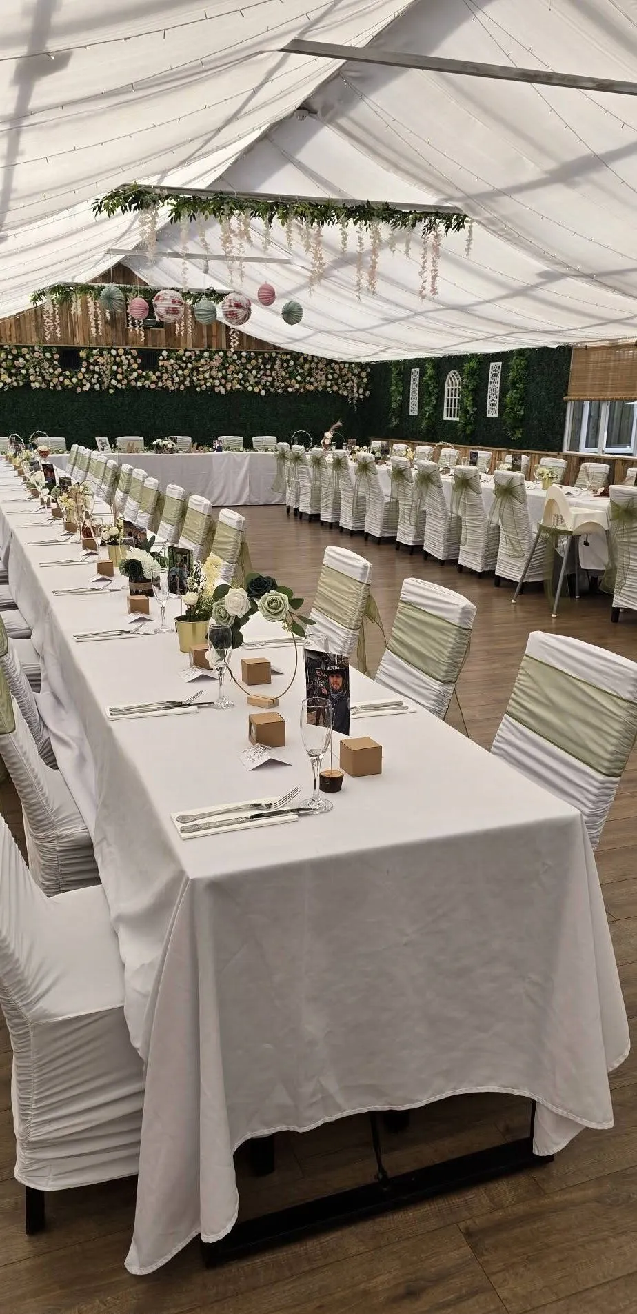 Long tables dressed and ready for guests