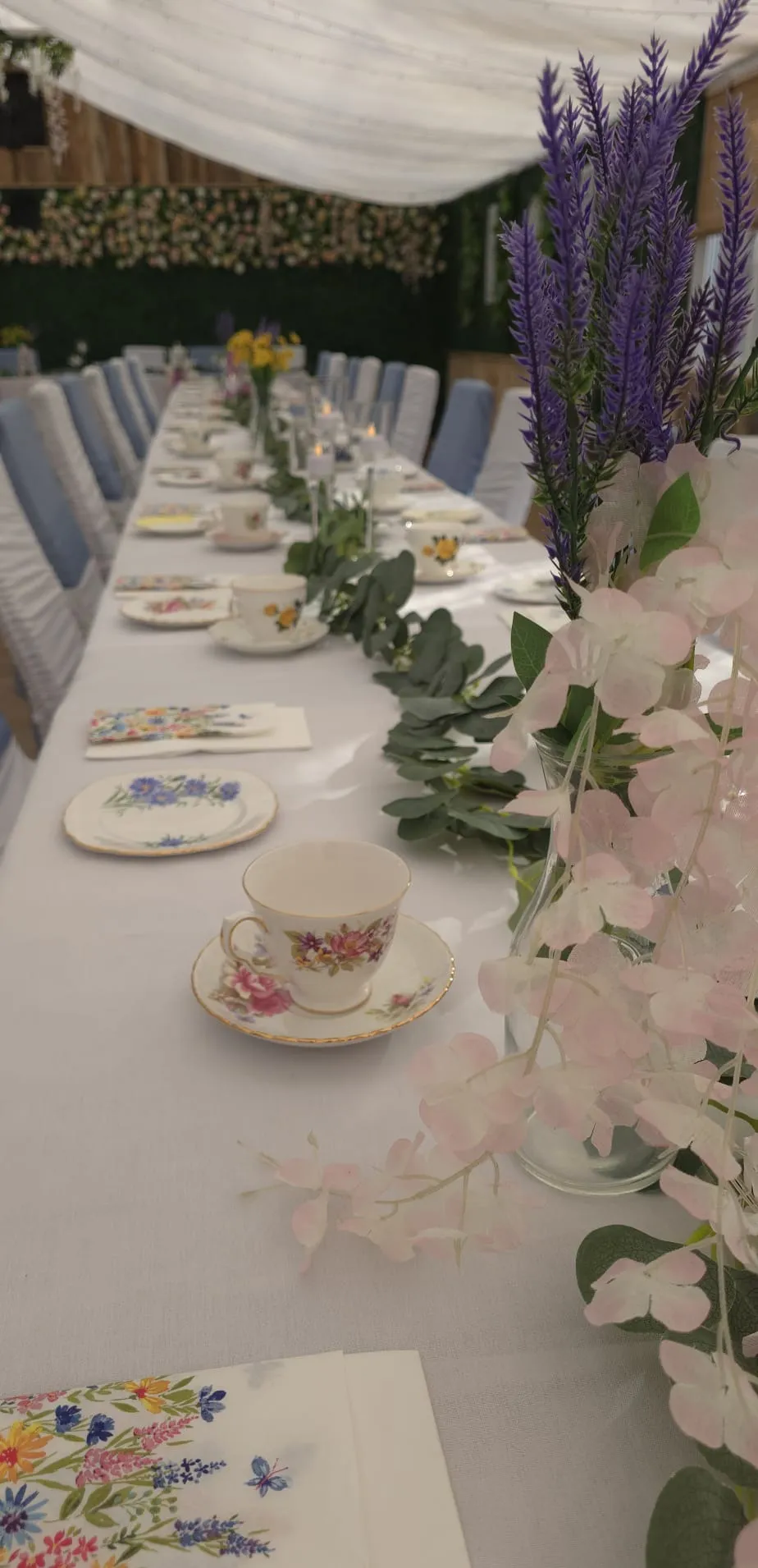 Vintage floral china with lavender and pale blue sashes